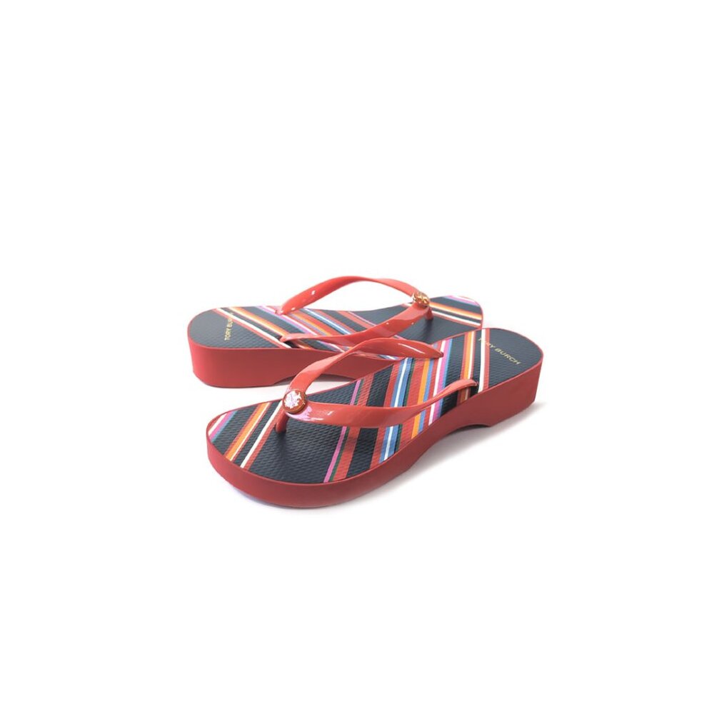 TORY BURCH 9 Cutout Wedge Red Coral Flip Flops Sandal Shoes